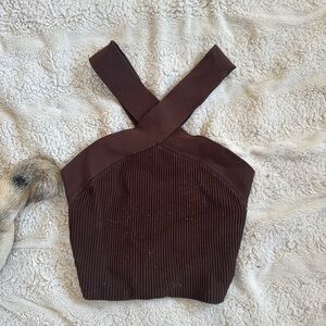 ARITZIA DARK BROWN BABATON CRISS CROSS HALTER TOP SIZE XXS